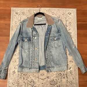 All Saints Distressed Denim Jacket with Gray Corduroy Collar